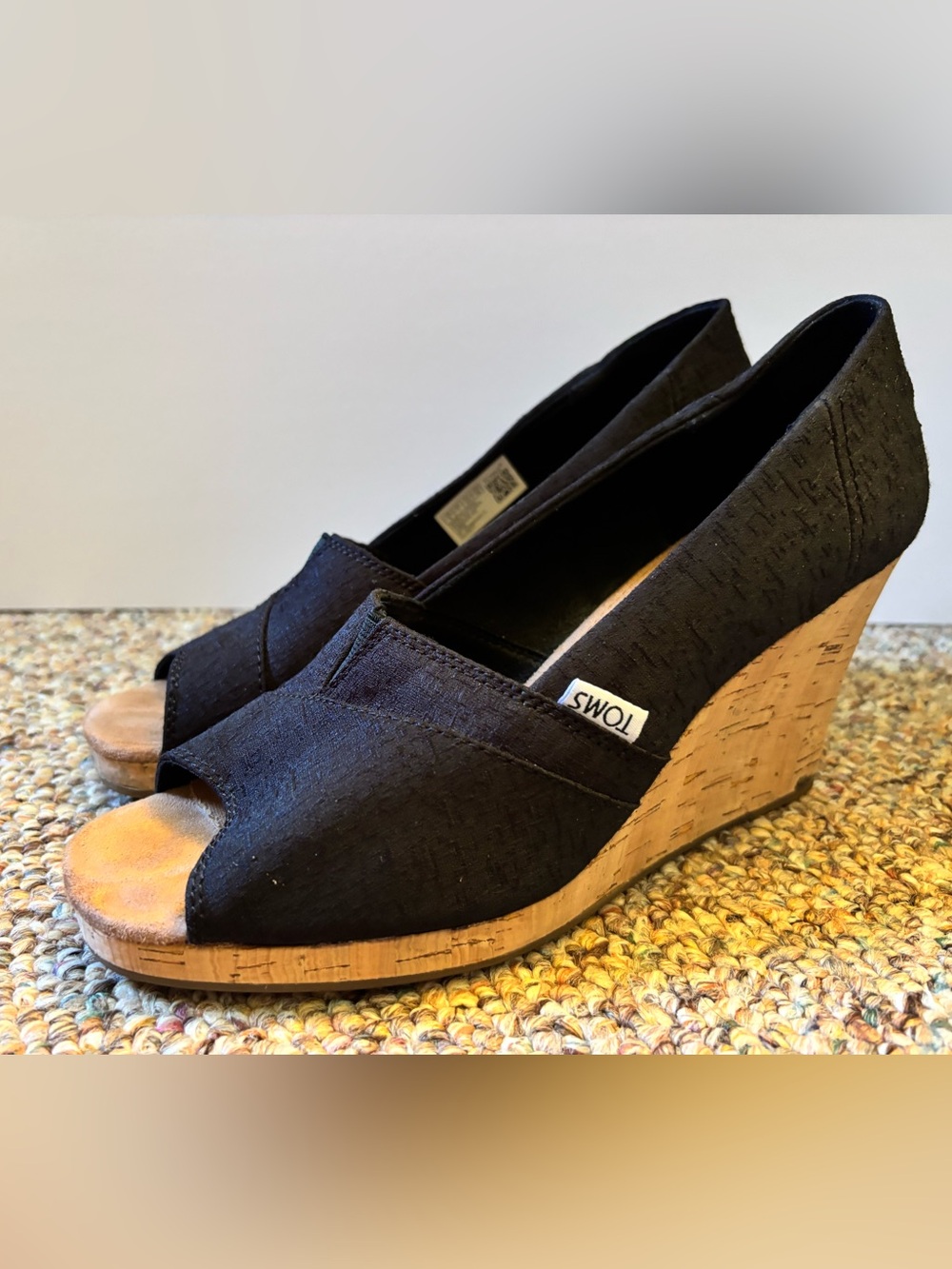 Toms Black Cork Wedge Peep-Toe Slip-On Sandals